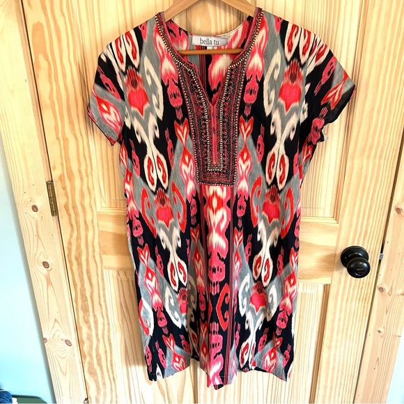 Bella Tu Ikat Print Hand Beaded Dress. Size Large. - Picture 1 of 11